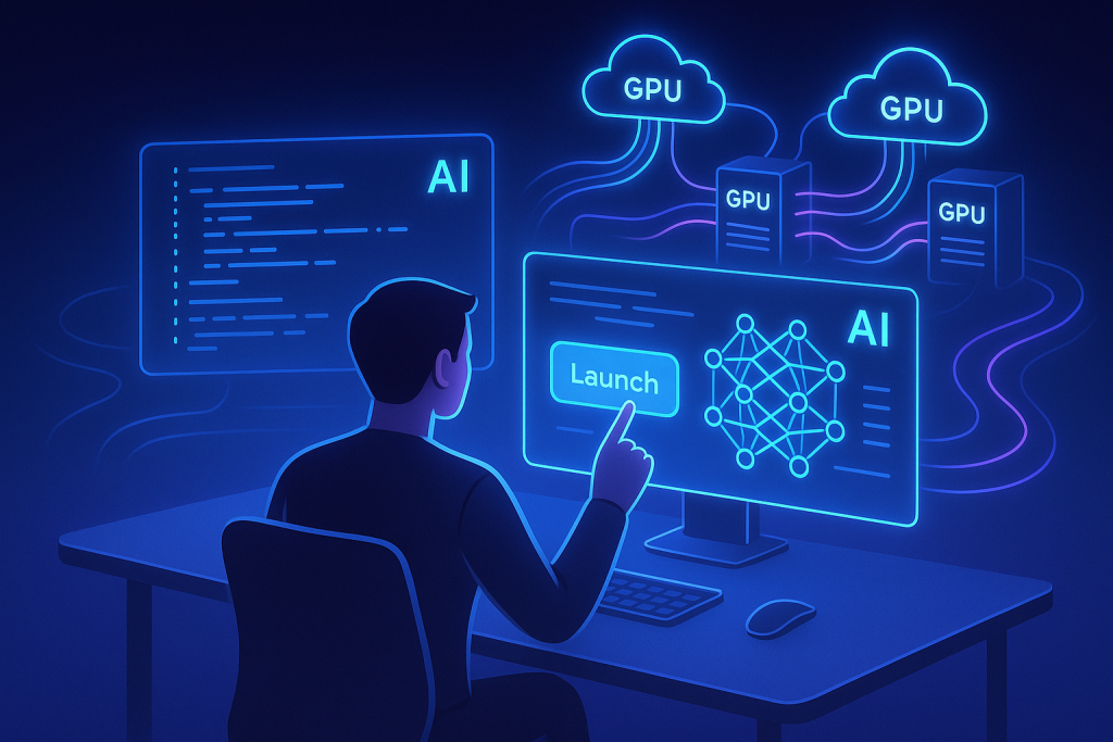 A modern, futuristic workspace glowing with holographic screens showing AI code and neural network diagrams