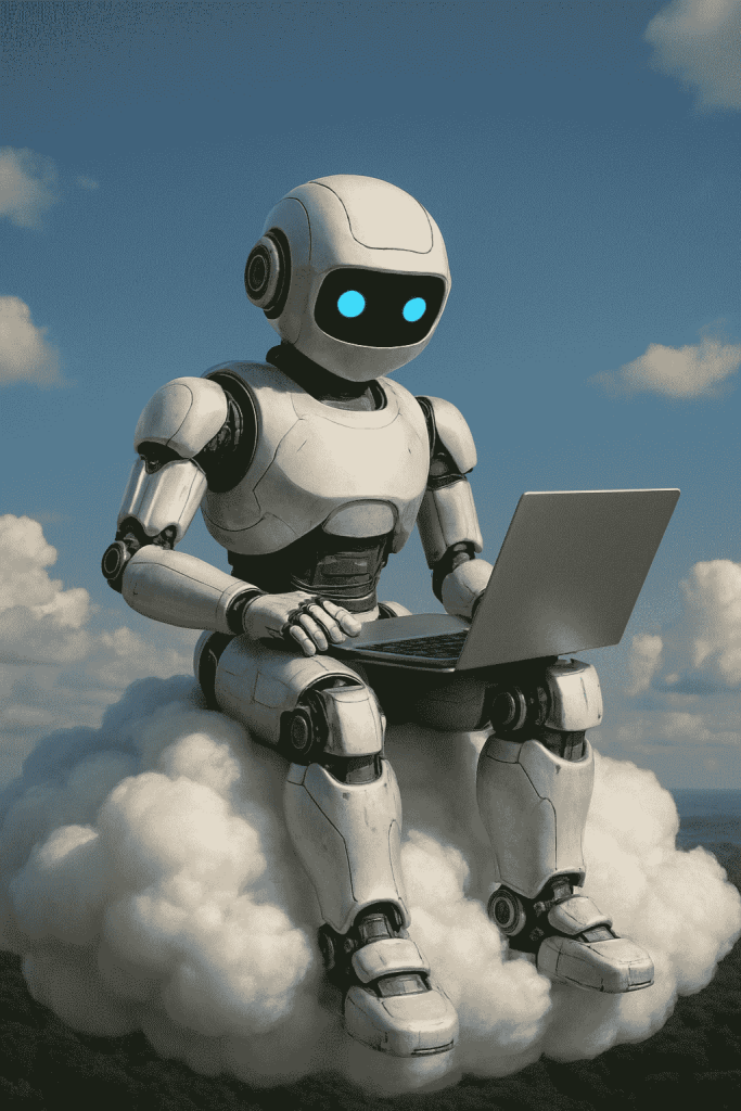 A realistic humanoid robot with a sleek silver body and glowing blue eyes sits on a fluffy white cloud in the sky, using a laptop. The robot appears focused and serene, surrounded by a clear blue sky and soft sunlight, symbolizing cloud-based AI model training.