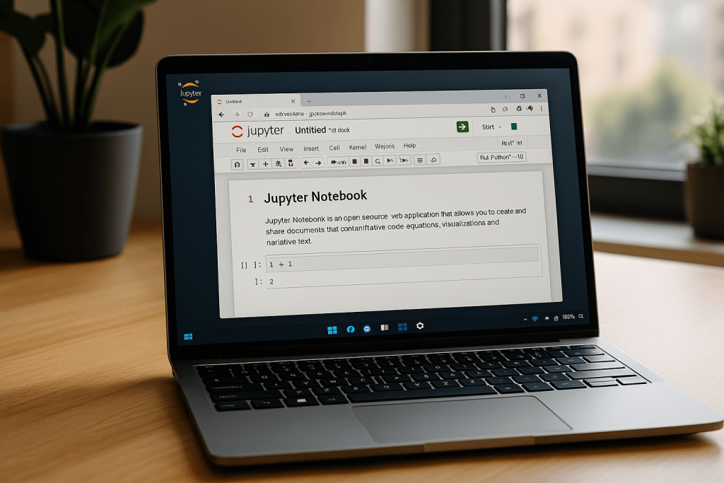 Laptop screen showing the Jupyter Notebook interface with Python code cells, ideal for data science and machine learning projects.