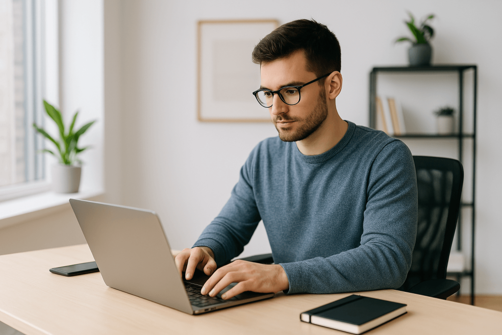Focused data scientist working on a laptop in a bright, modern home office, representing remote AI workflows with Jupyter Notebook.