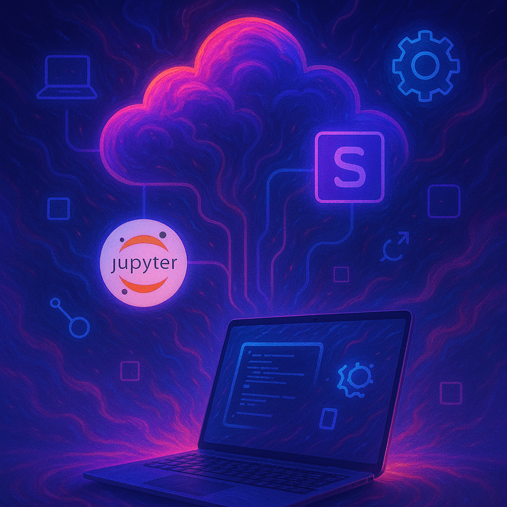 Conceptual digital illustration showing cloud computing for AI development with Jupyter Notebook and SimplePod connected to a glowing cloud in a vibrant tech style.