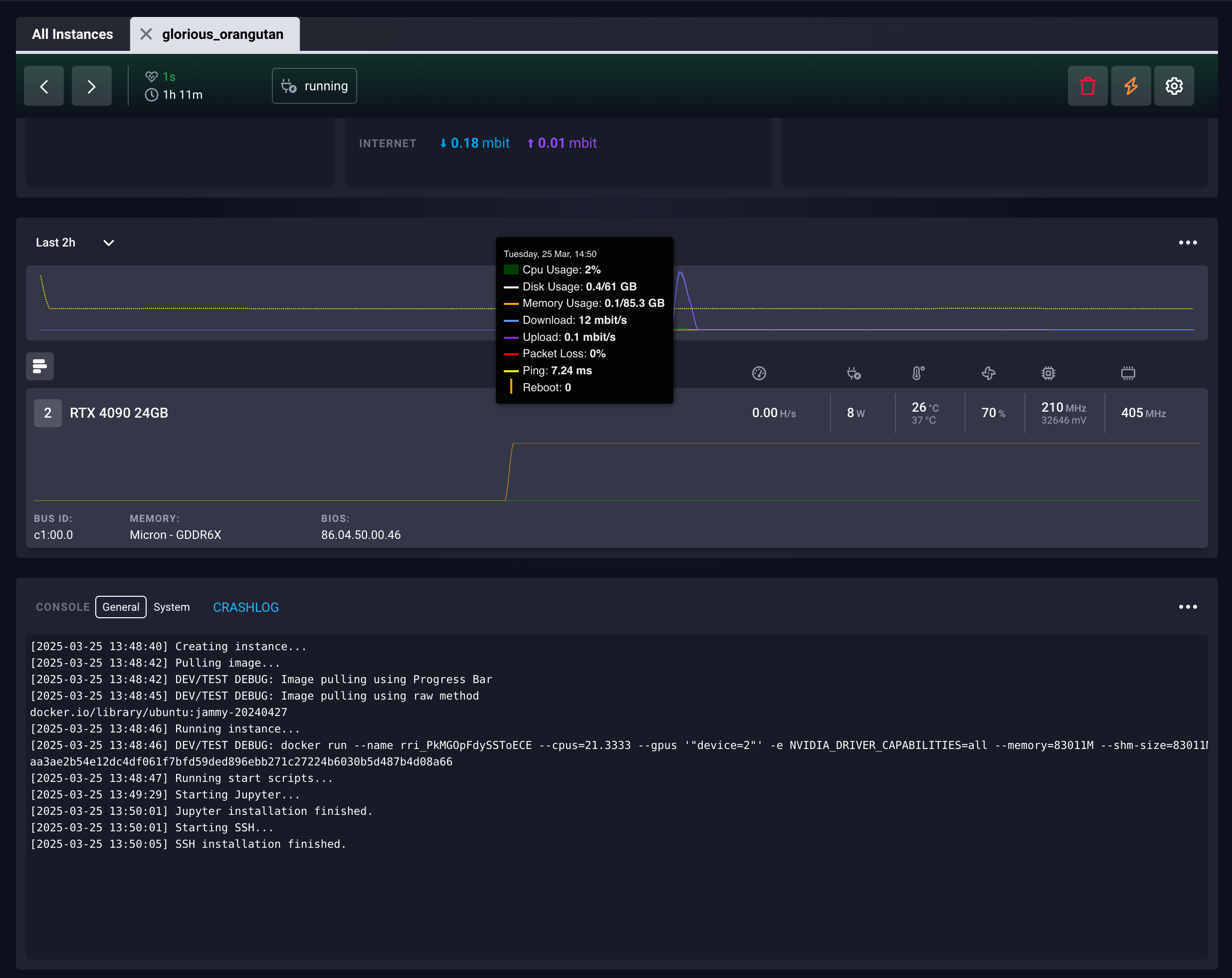 Instance details accessed from Instance section in SimplePod dashboard.