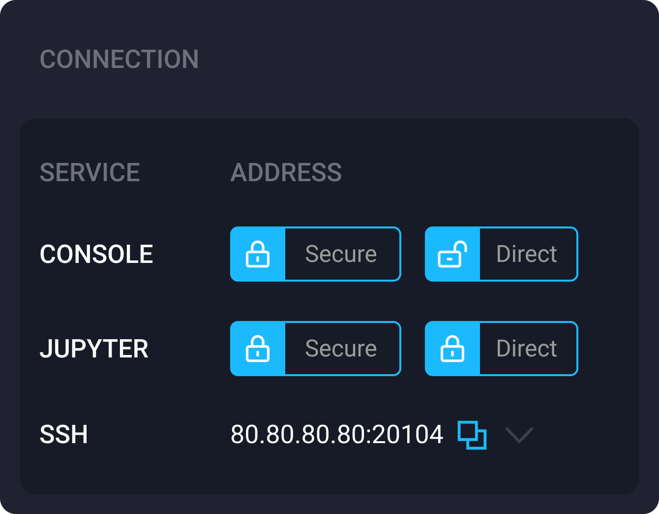 Connection section visible in Instance Details in SimplePod dashboard.