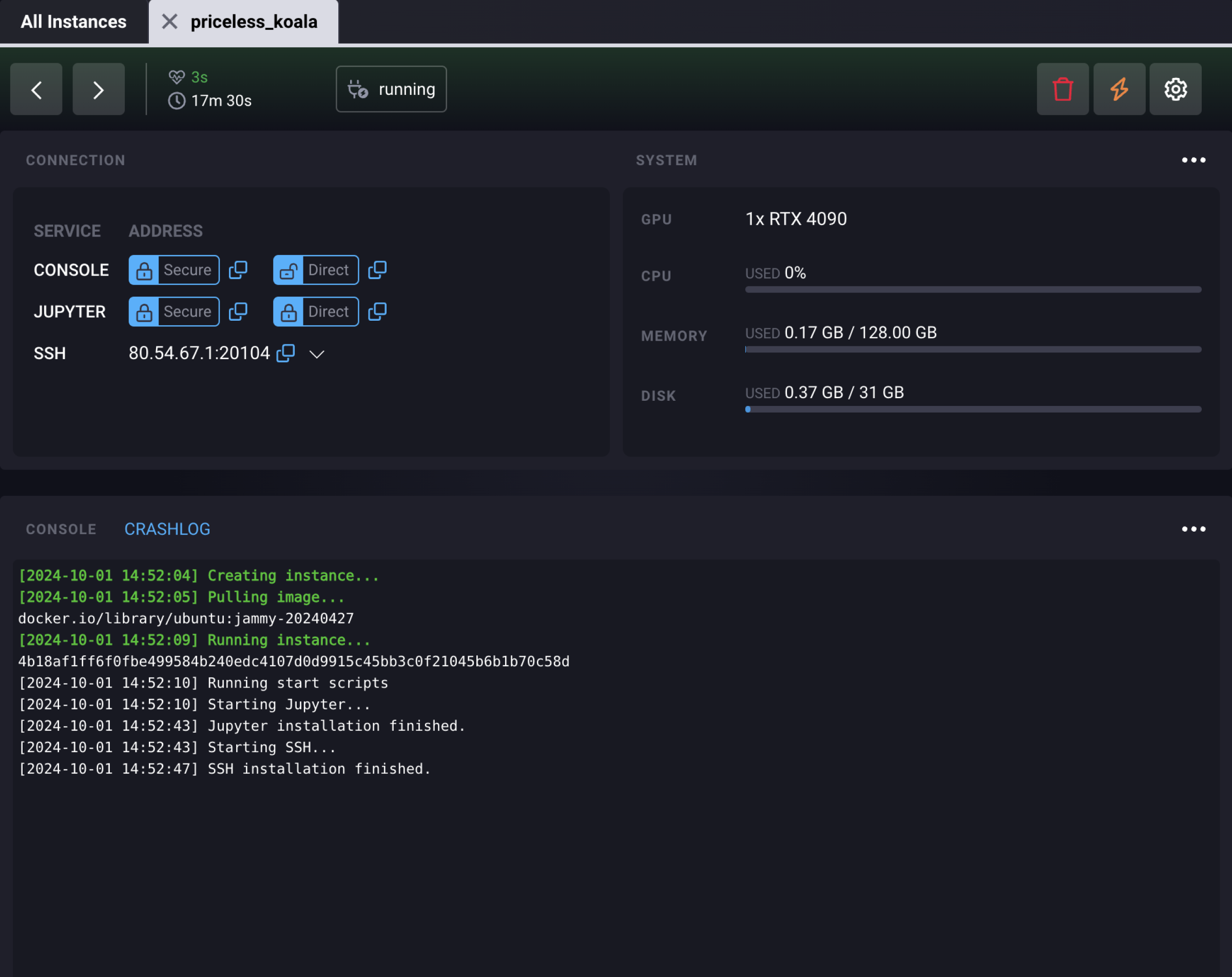 My Instances section in SimplePod dashboard, where you can monitor your instances.