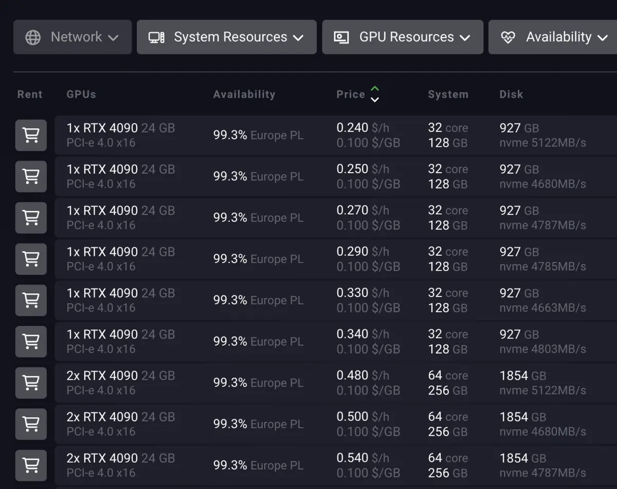 Find Instances section in the SimplePod dashboard, where you can purchase instances.