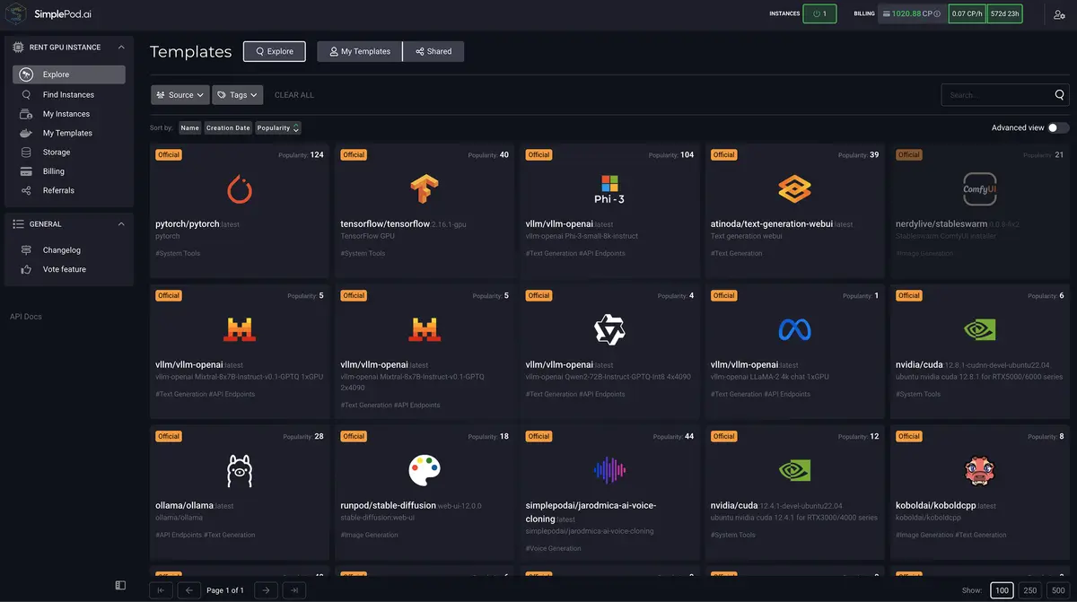 Form for creating a new image template, accessed from the My Instances section in the SimplePod dashboard.