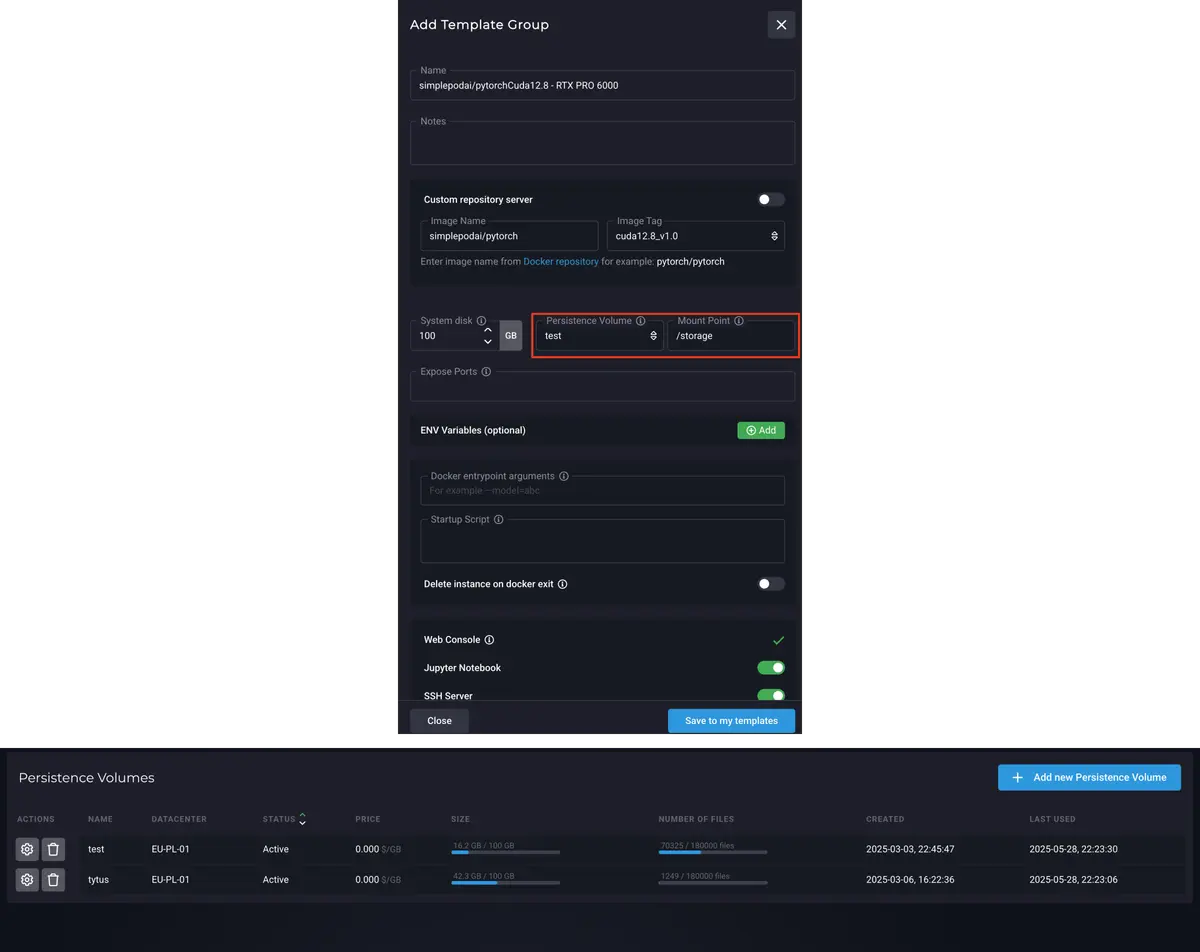 Image of Instances/Hosts details subpage in Simplepod dashboard showing chart with chart data tooltip on top