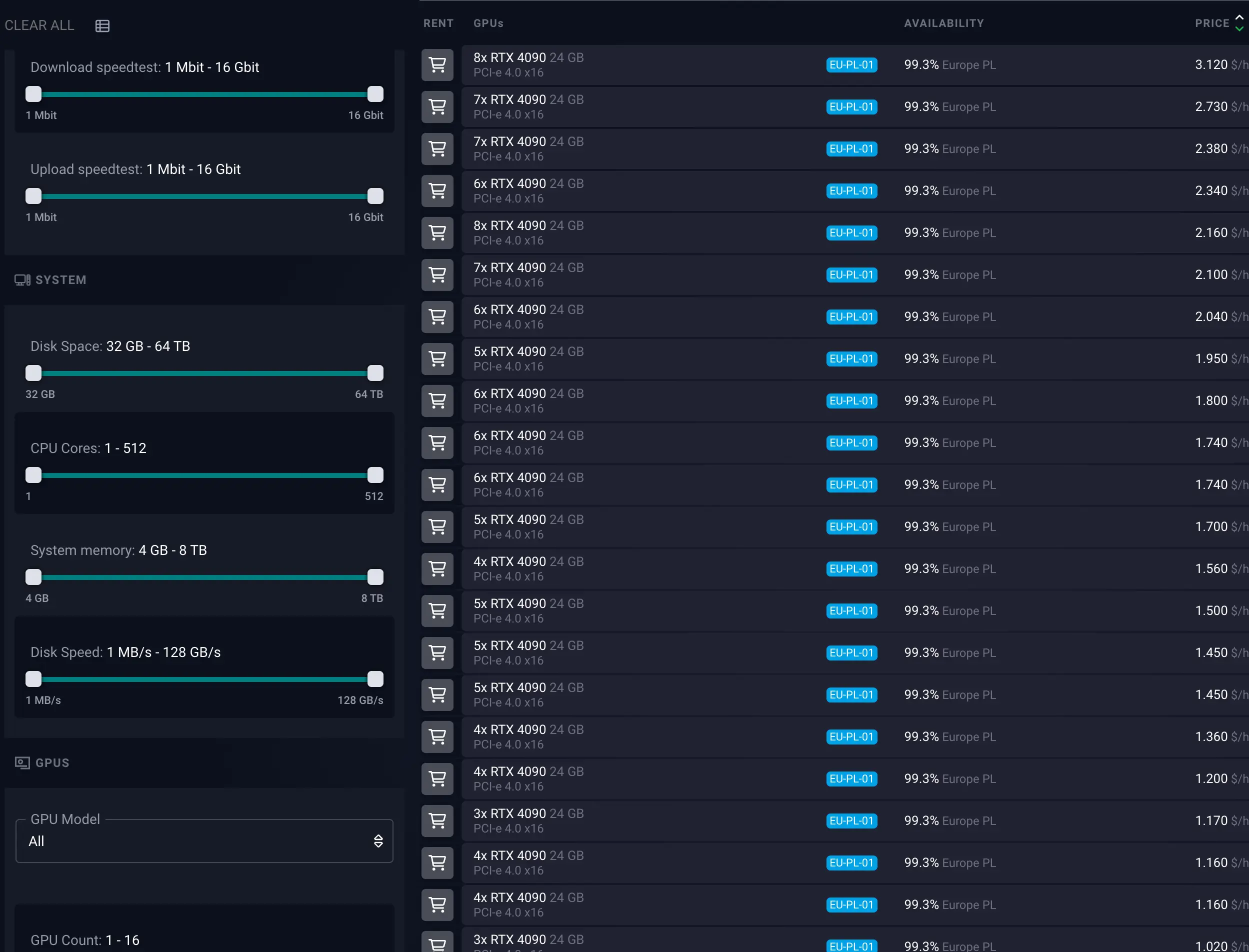 ค้นหาส่วนอินสแตนซ์ใน SimplePod แดชบอร์ดที่คุณสามารถซื้ออินสแตนซ์ - ด้วยส่วนตัวกรองที่ด้านข้างขยาย