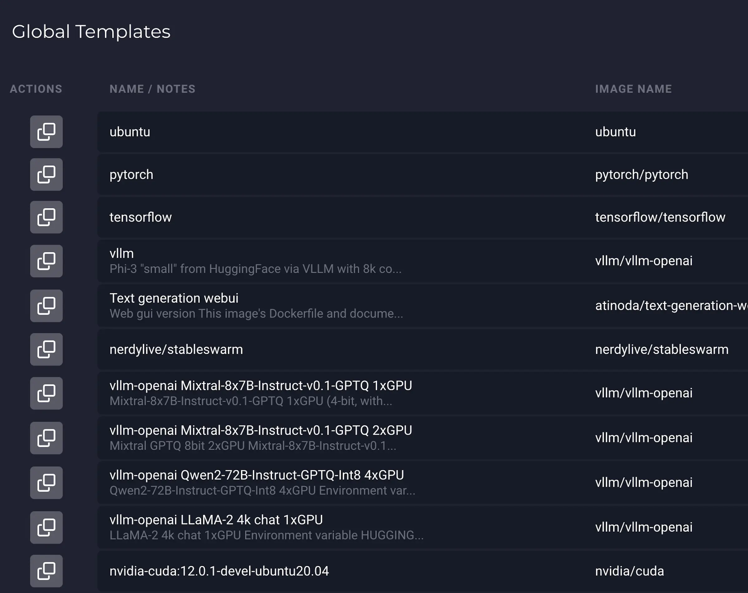 ส่วนแม่แบบใน SimplePod แดชบอร์ดที่คุณสามารถสร้างและจัดการเทมเพลตของคุณ