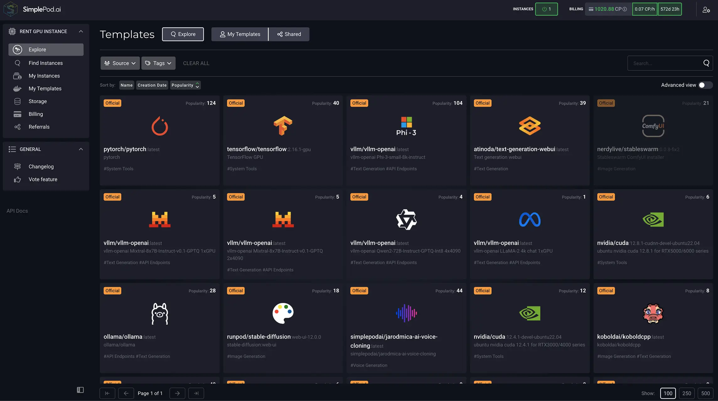 探索选项卡 SimplePod 仪表板，您可以在其中浏览可用的模板以获取服务器。