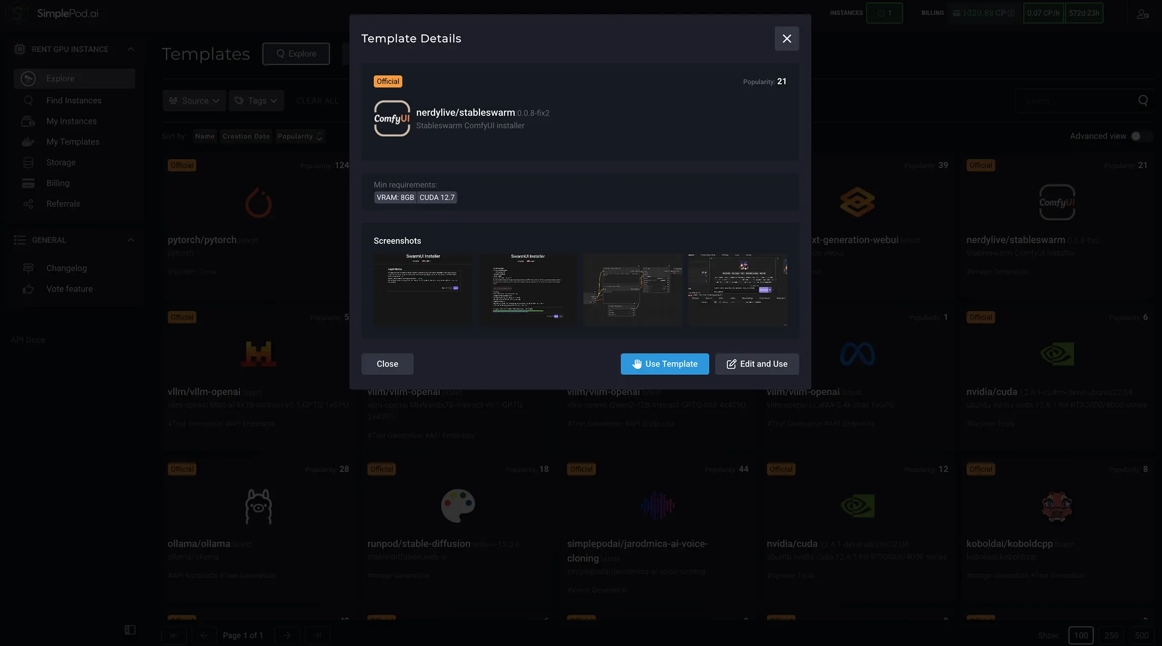 从探索卡中单击此模板卡之后 SimplePod 仪表板。