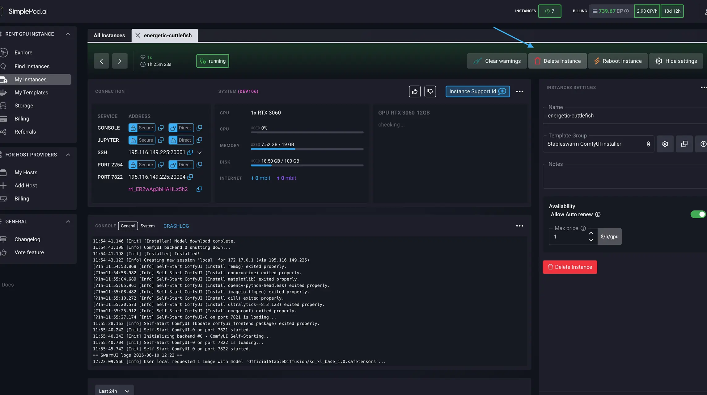 实例详细信息从我的实例选项卡中访问 SimplePod 选择删除实例按钮的仪表板