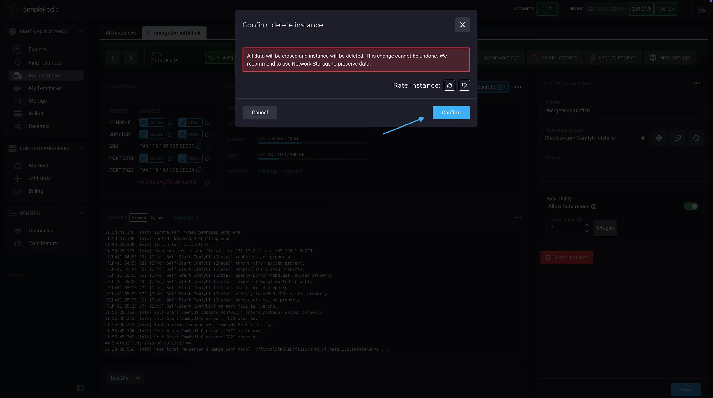 确认删除模式 SimplePod 仪表板，您可以在其中确认实例删除