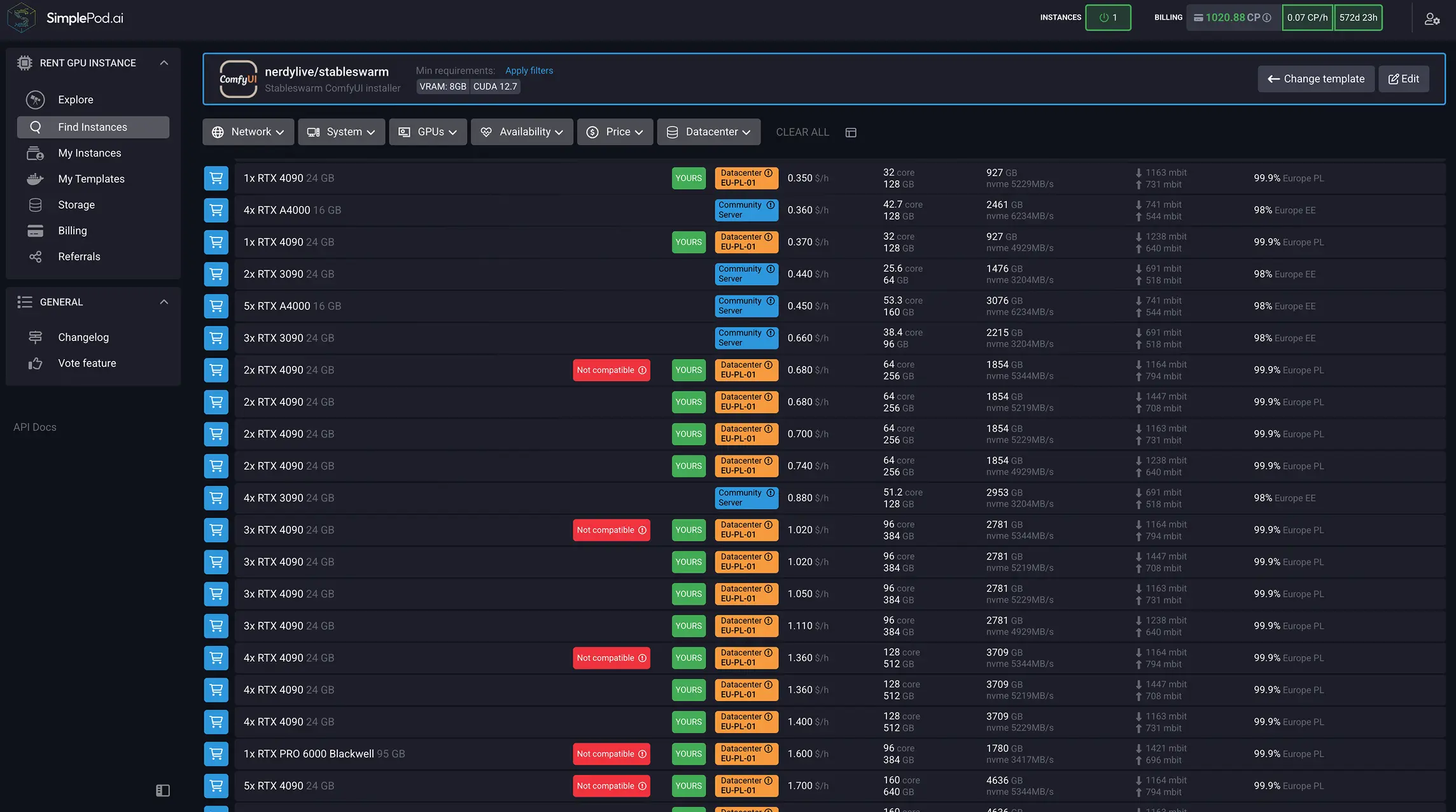 在 SimplePod 仪表板，您可以在其中选择要租用的GPU。