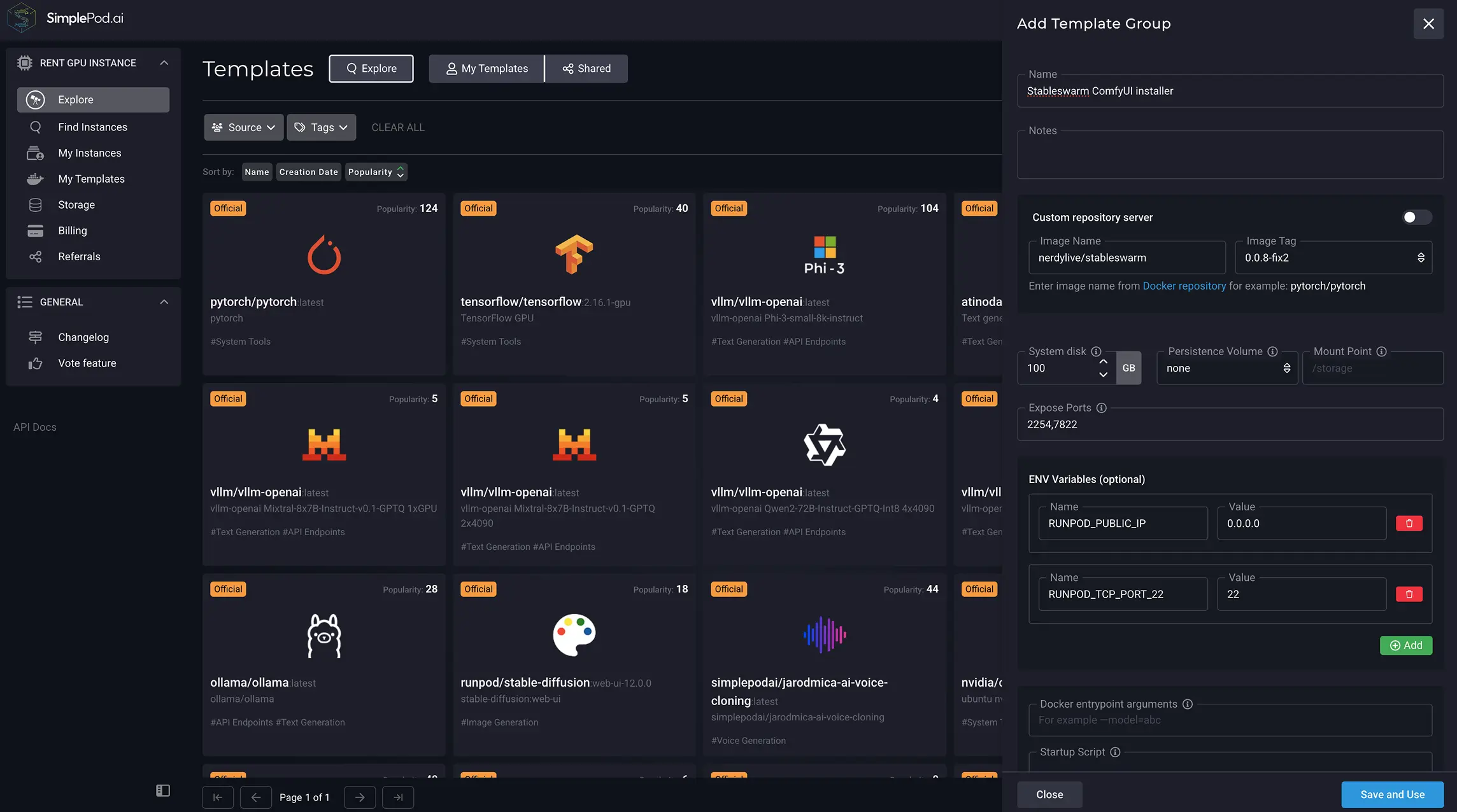 在模板中单击“编辑和使用”之后：模板组配置表格 SimplePod 仪表板，您可以在其中编辑模板设置。