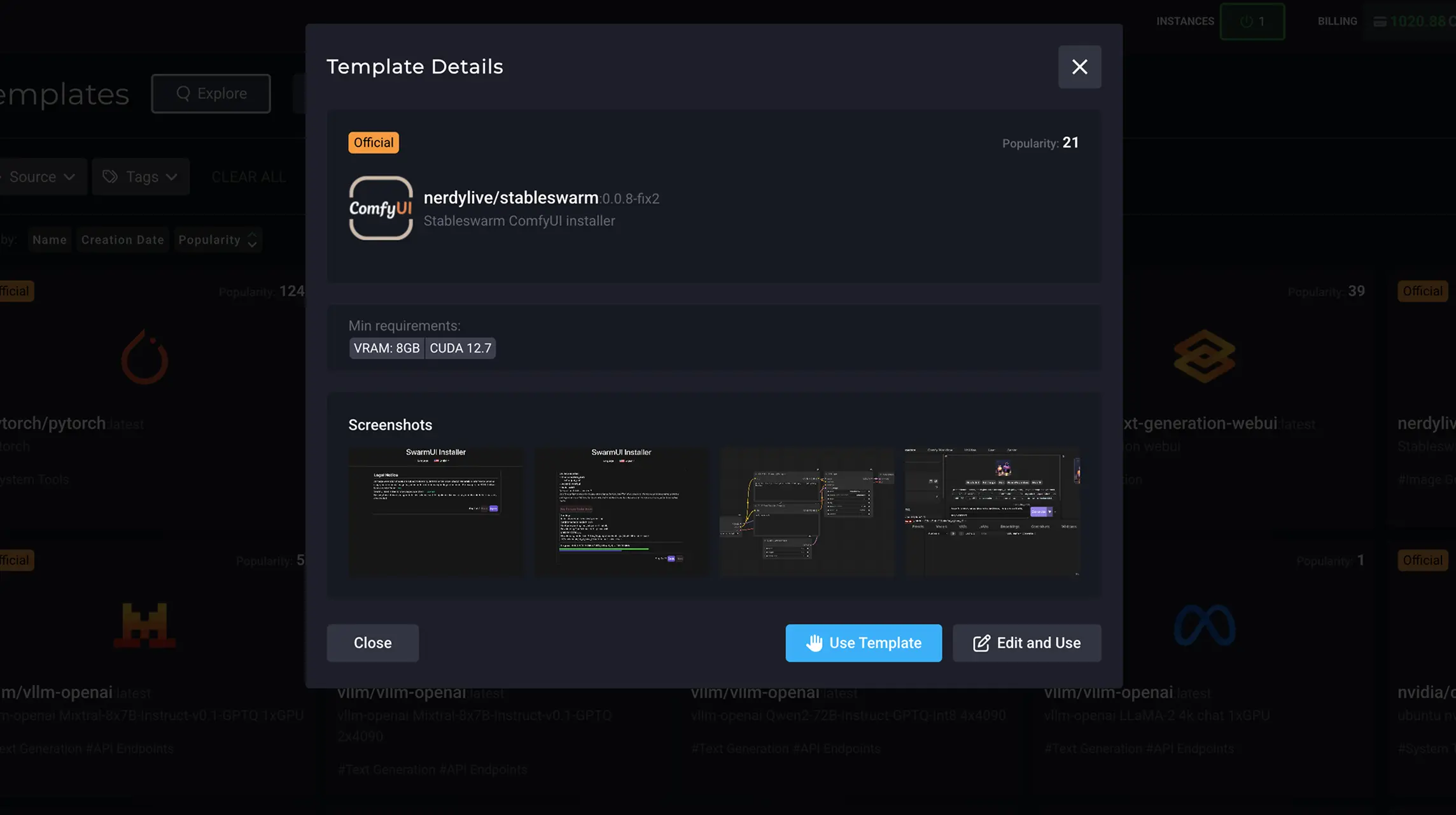 模板详细信息模式 SimplePod 仪表板，您可以在其中了解您选择的模板