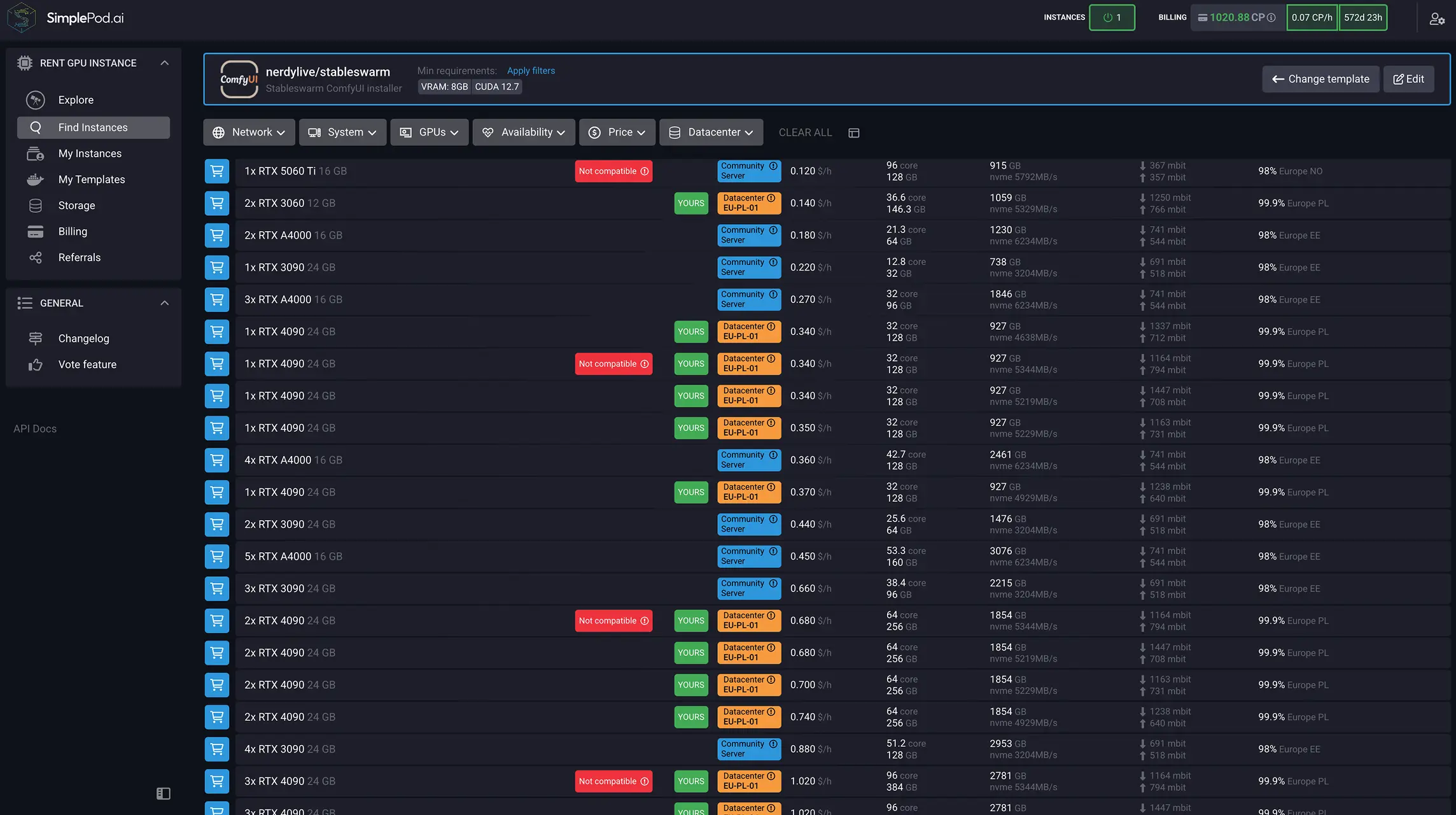 在 SimplePod 仪表板，已选择模板