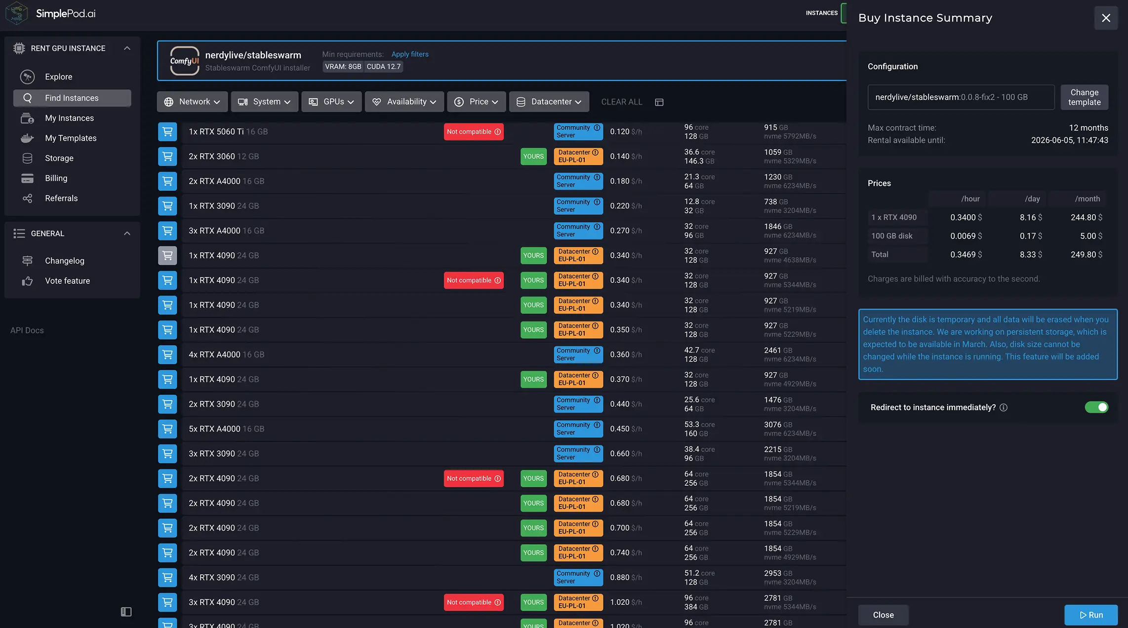在 SimplePod 仪表板，选择模板并购买实例摘要部分打开