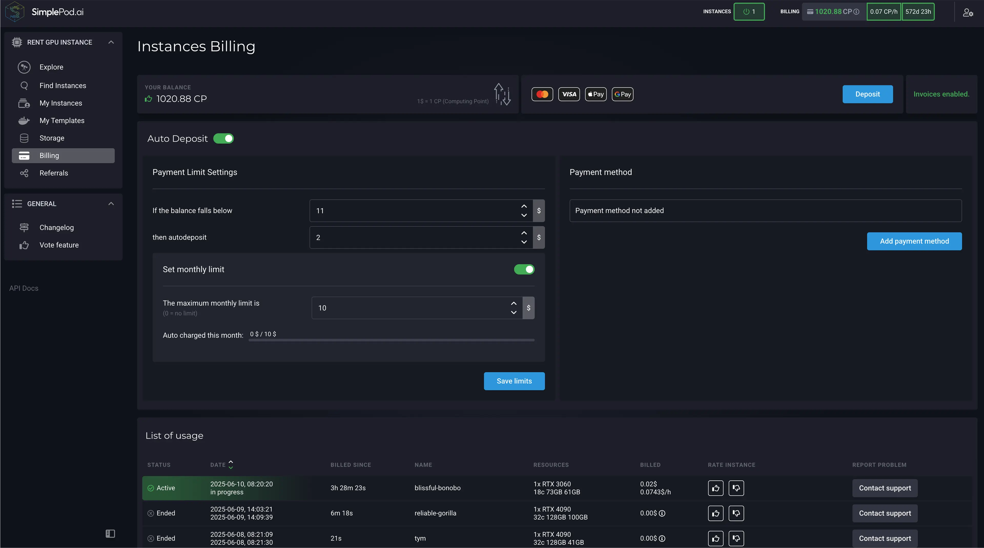 计费标签 SimplePod 仪表板，您可以在其中管理帐户余额和付款方式。