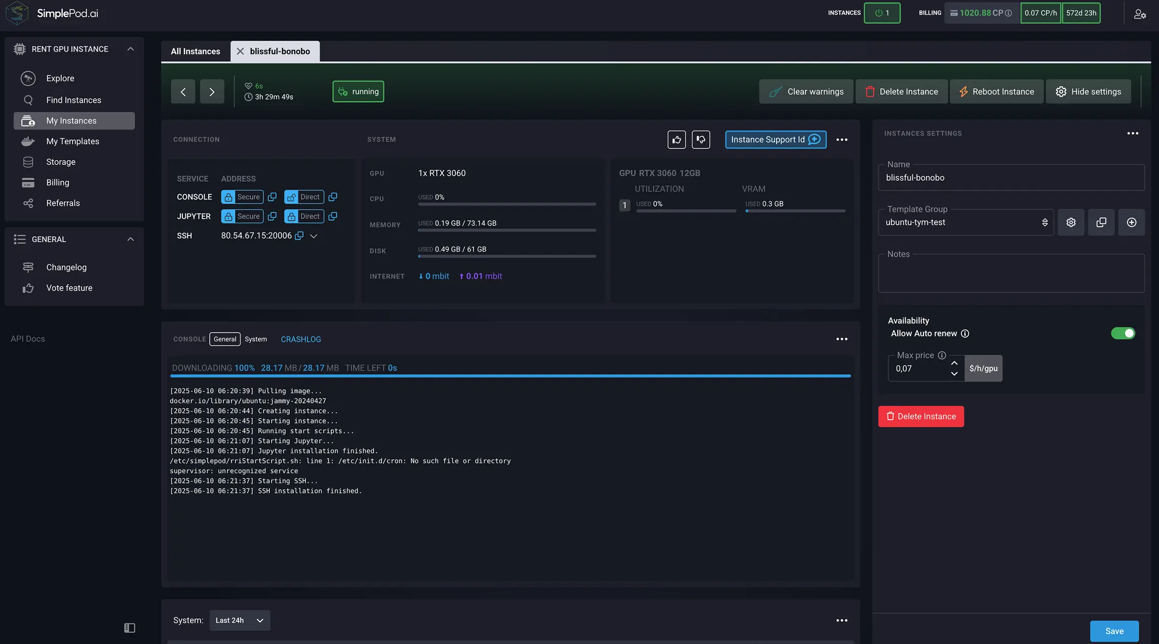 实例详细信息从我的实例选项卡中访问 SimplePod 仪表板，您可以在其中监视实例，更改其设置并管理服务器。