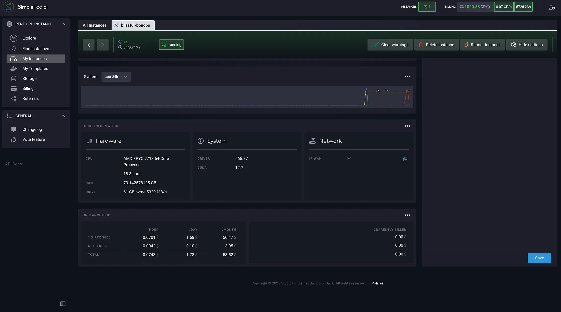 带有主机信息和实例价格部分可见的实例详细信息