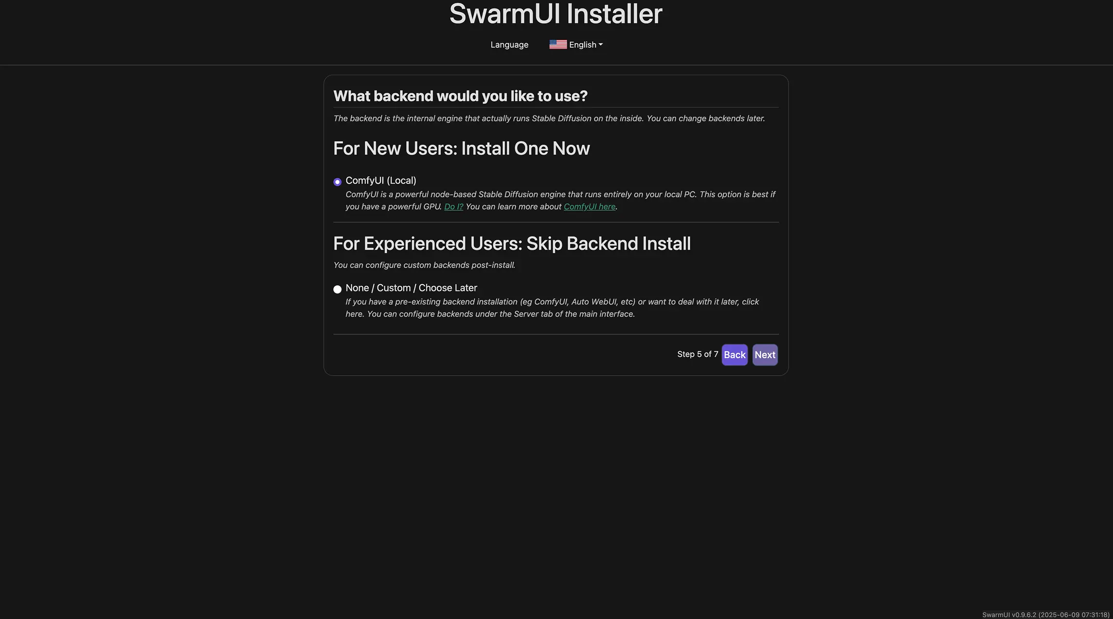 带有后端配置选项的Swarmui安装程序