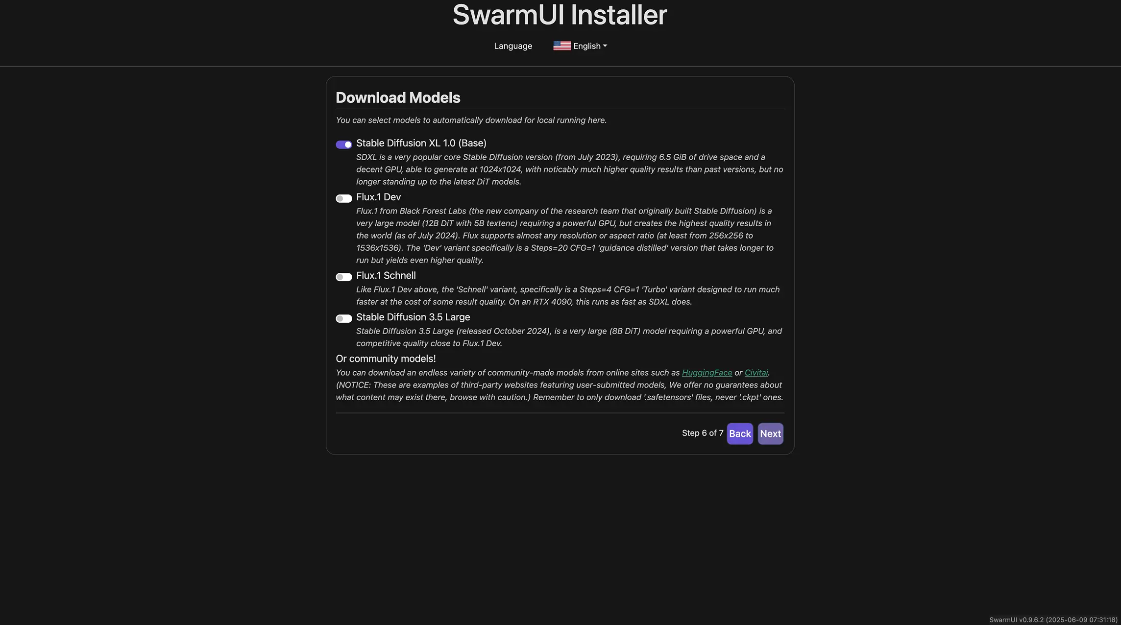 带有下载型号开关的Swarmui安装程序