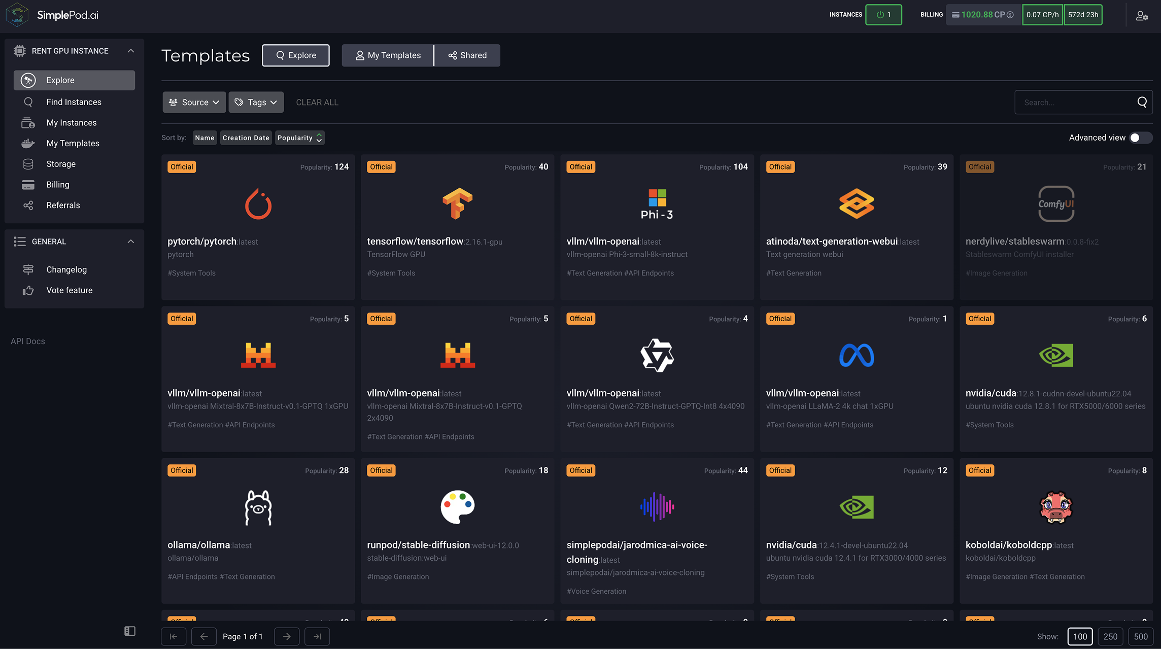 探索选项卡 SimplePod 仪表板，您可以在其中浏览可用的模板以获取服务器。