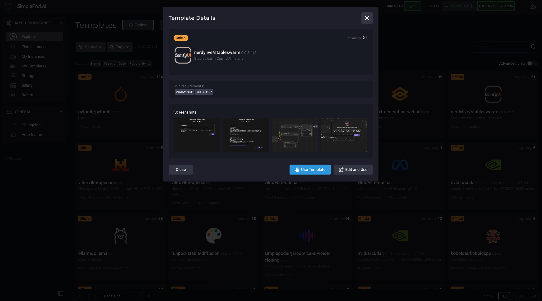 从探索卡中单击此模板卡之后 SimplePod 仪表板。