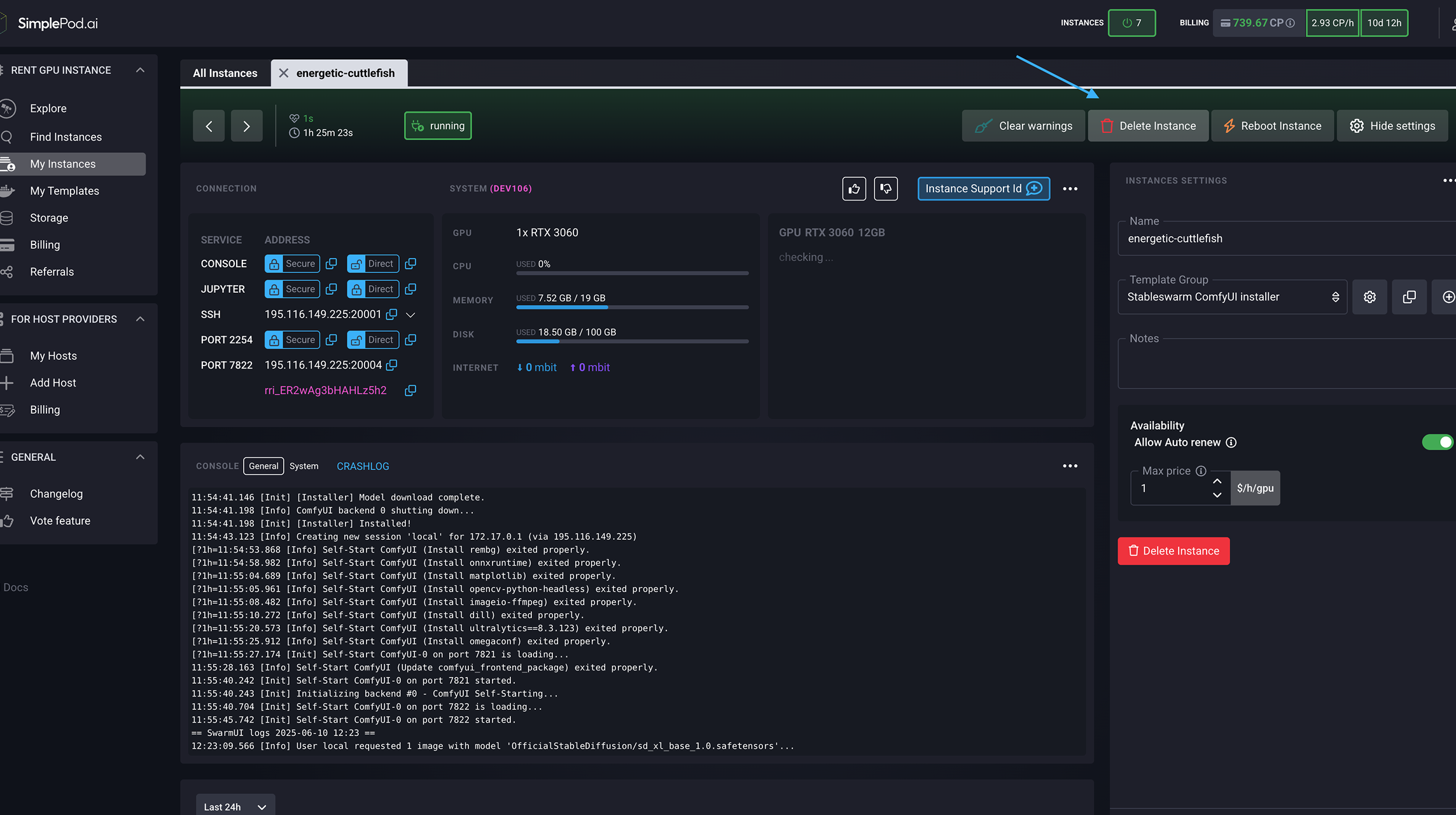 实例详细信息从我的实例选项卡中访问 SimplePod 选择删除实例按钮的仪表板