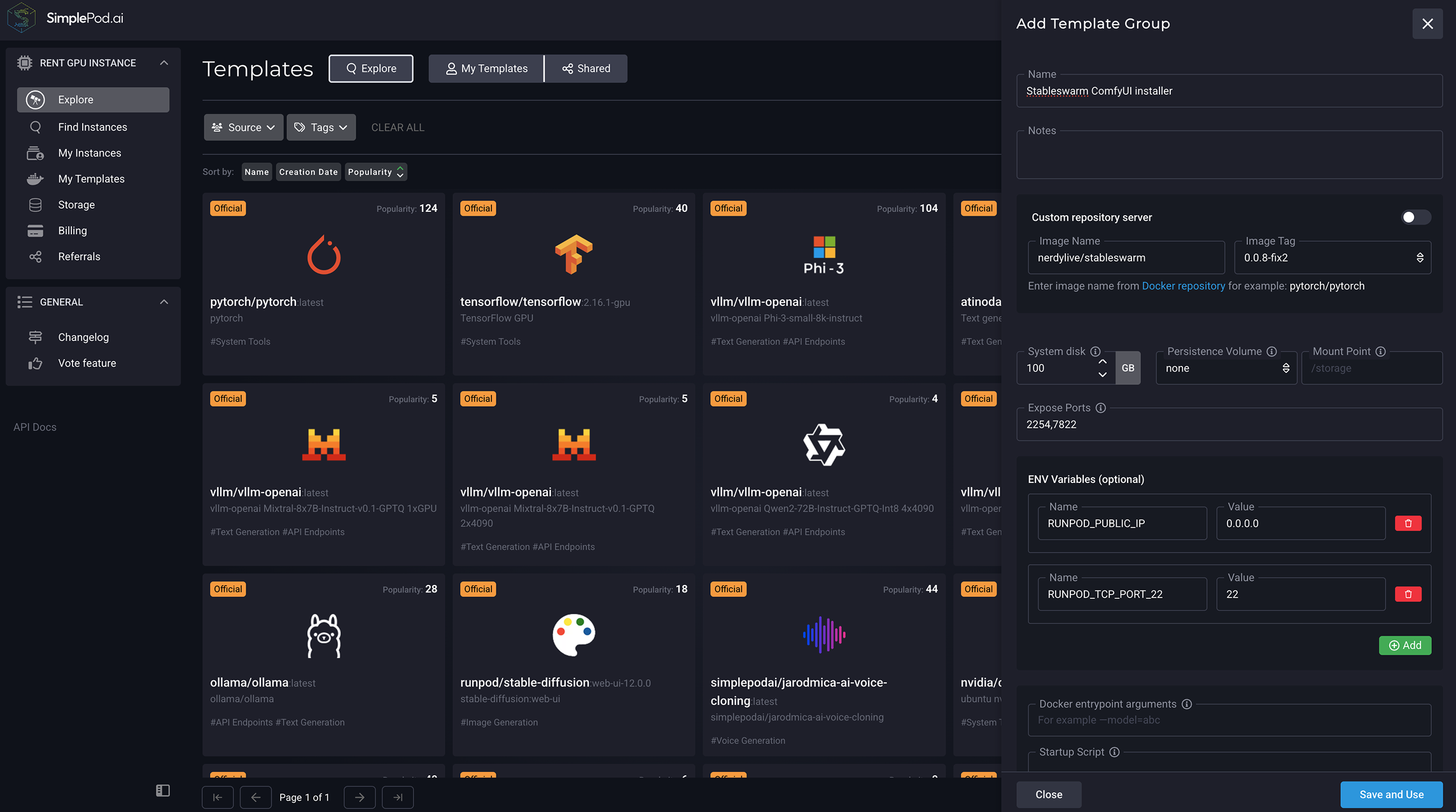在模板中单击“编辑和使用”之后：模板组配置表格 SimplePod 仪表板，您可以在其中编辑模板设置。