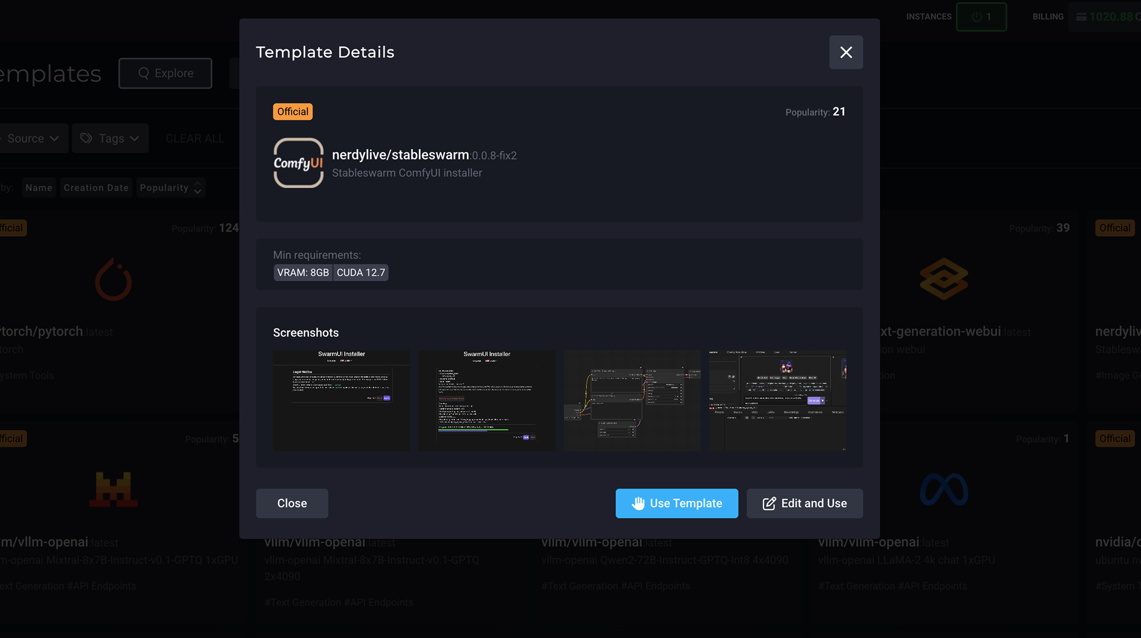 模板详细信息模式 SimplePod 仪表板，您可以在其中了解您选择的模板