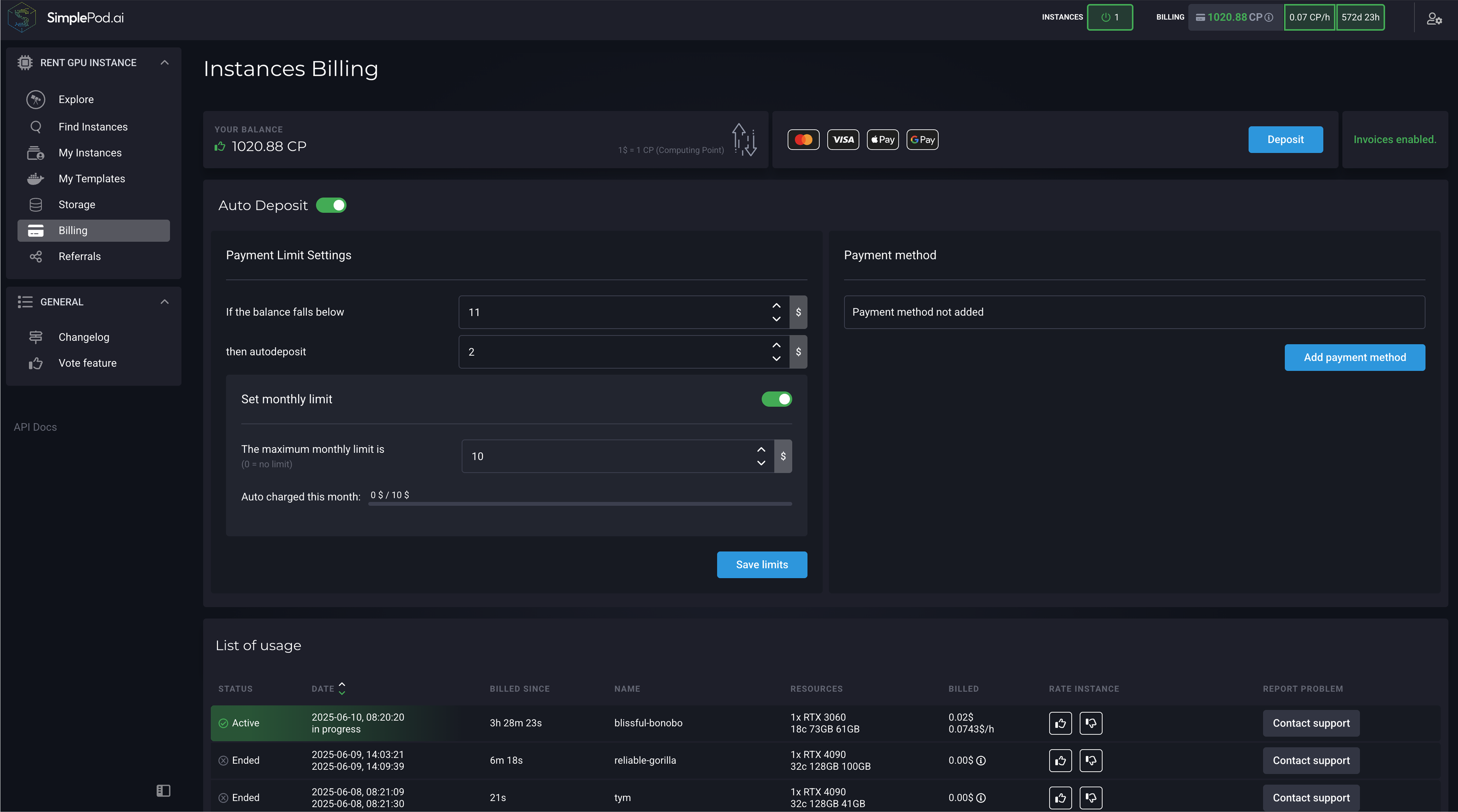 计费标签 SimplePod 仪表板，您可以在其中管理帐户余额和付款方式。