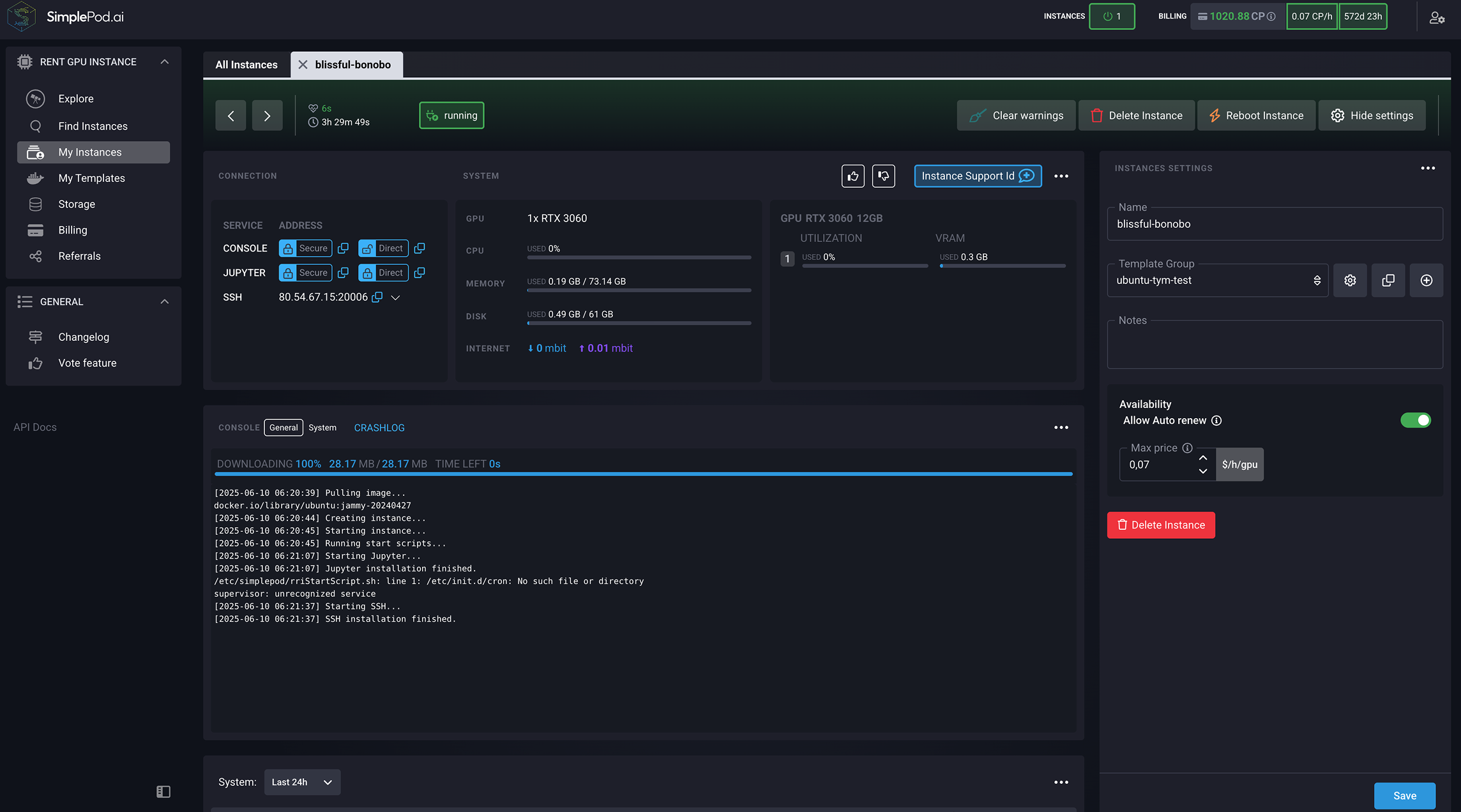 实例详细信息从我的实例选项卡中访问 SimplePod 仪表板，您可以在其中监视实例，更改其设置并管理服务器。
