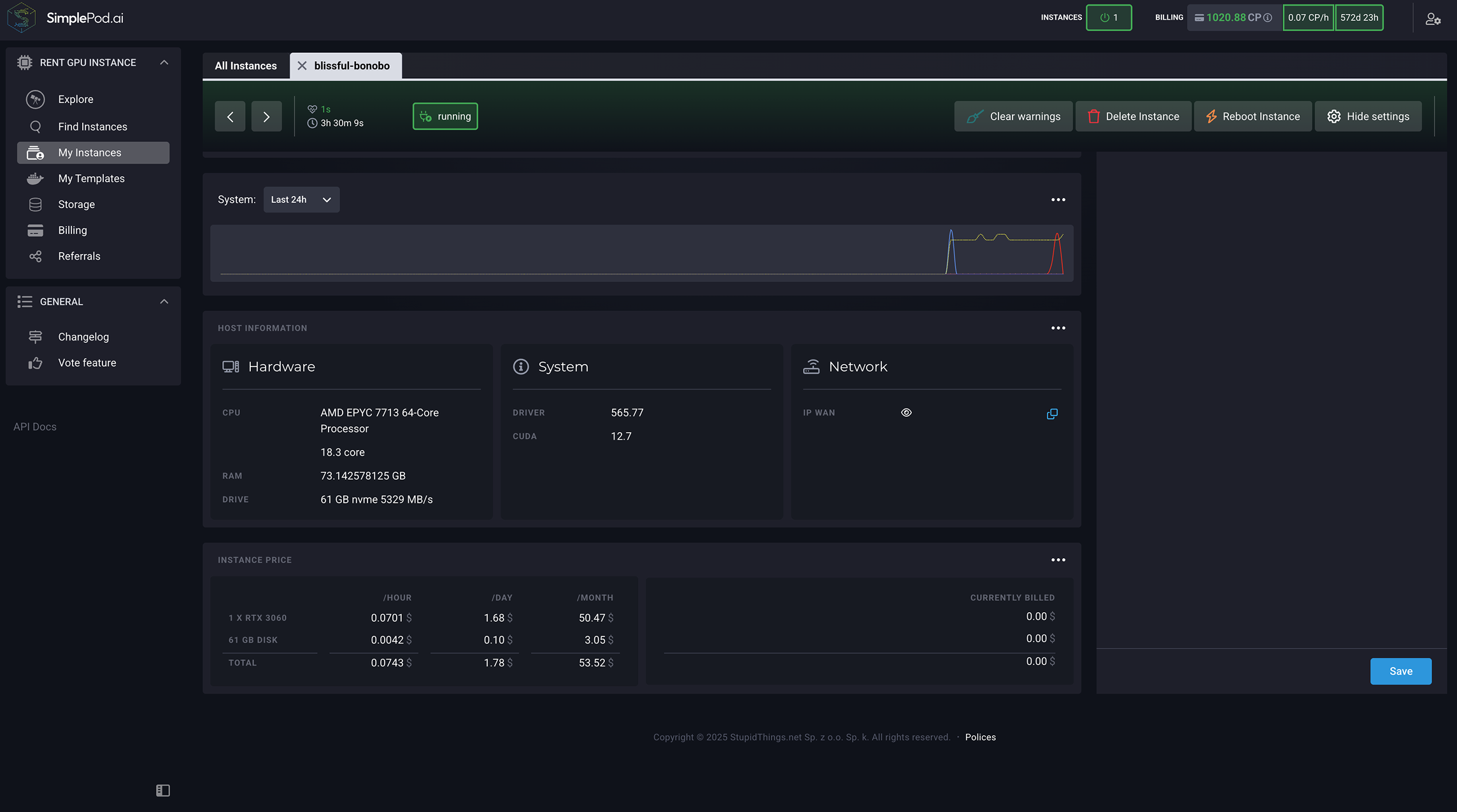带有主机信息和实例价格部分可见的实例详细信息